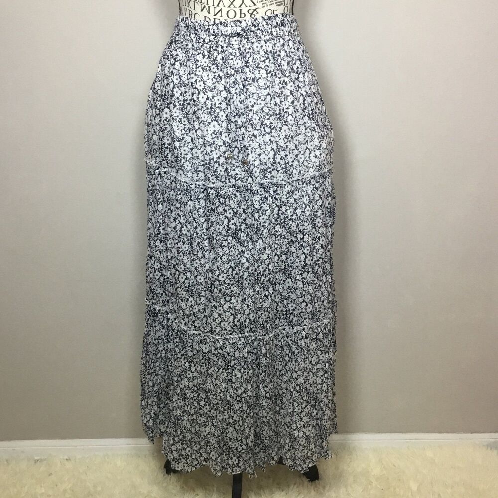 NWT blue floral maxi skirt crinkle elastic waist 30"-34" 100% cotton fairycore L